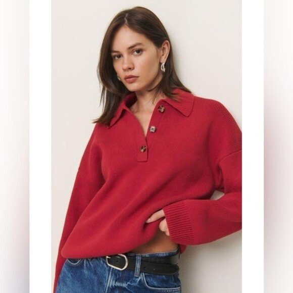 NWT Size S (P2P 23") -Reformation Cotton Brooklyn Polo Sweater (NWT US$ 218) - Picture 1 of 13